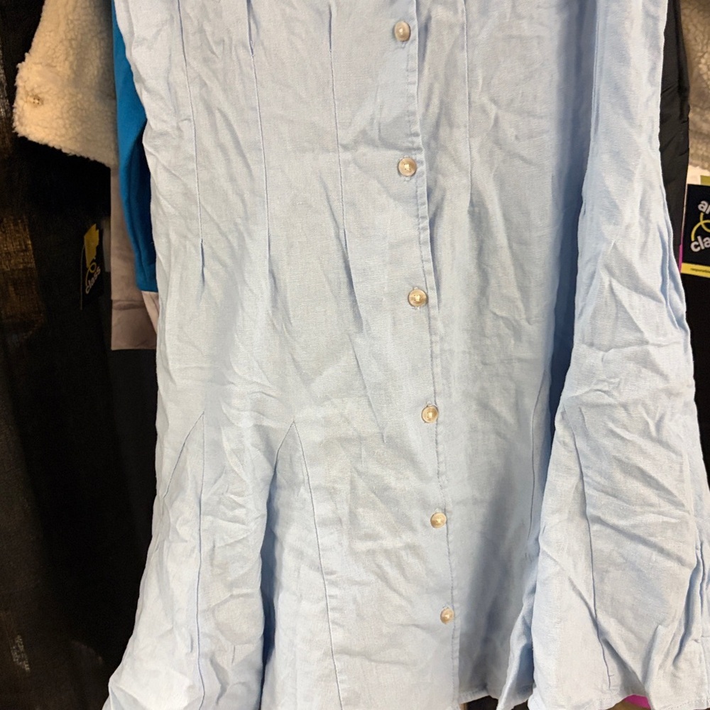 Short Sleeve Button-Front Mini A-Line Dress - Light Blue M - Picture 3 of 4